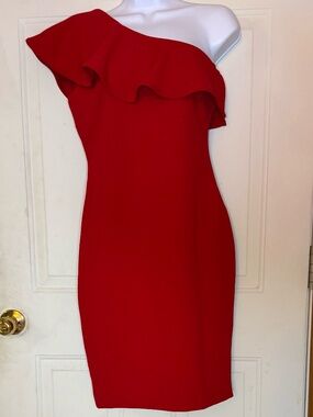 Calvin Klein One Shoulder Ruffle Sheath Dress Bright Red Size 4 Wedding Guest
